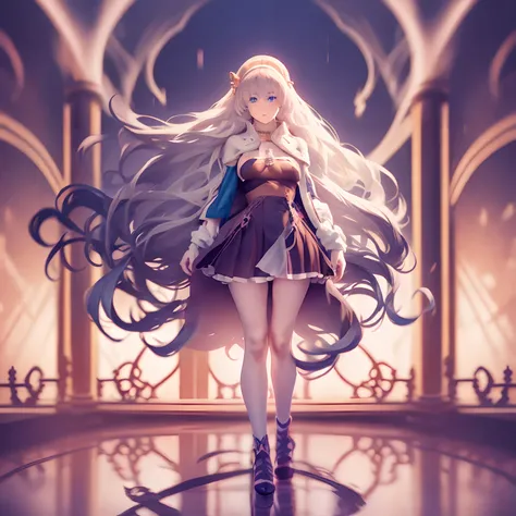 1 girl, solo one girl, inspired by the body and face of Anastasia from the anime FGO, and the hair of Kamisato Ayaka, blue eyes, long brown hair, medium breasts, standing, dynamic pose, short dress with, shoe with heels, tight stockings thigh, thick thighs...