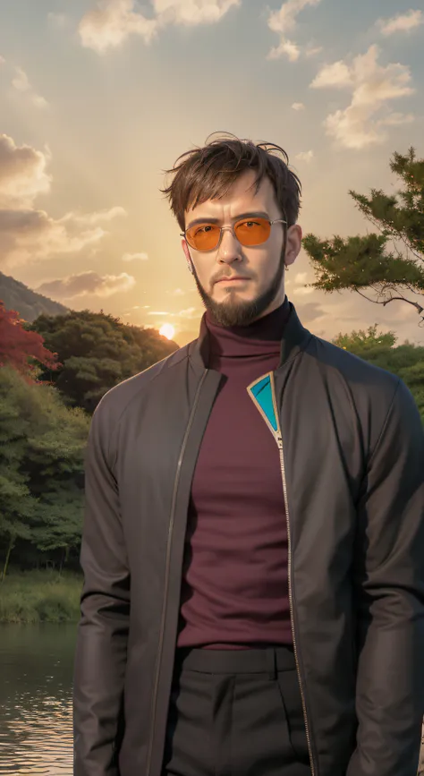 1boy, 独奏, gendo ikari, a dark-haired, a beard, facial hairs, black jacket, red turtleneck, yellow sunglasses, is standing, a par...