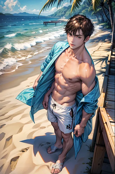 （tmasterpiece，超高分辨率，16k UHD，high qulity），low tune，lifeguard，Seaside, (Standing in an ice shop by the sea),  standing on your feet，full bodyesbian，looking at viewert，Shirtless, swimming trunks，tmasterpiece，On a wooden platform by the sea，sitted，（brown  hair...