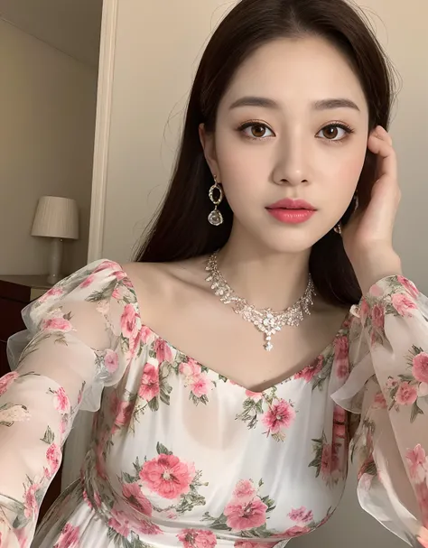 8K, masutepiece, Best Quality, Realistic,Portrait of beautiful young woman in floral dress, Pair with a diamond necklace, earrings, and cuff bracelets