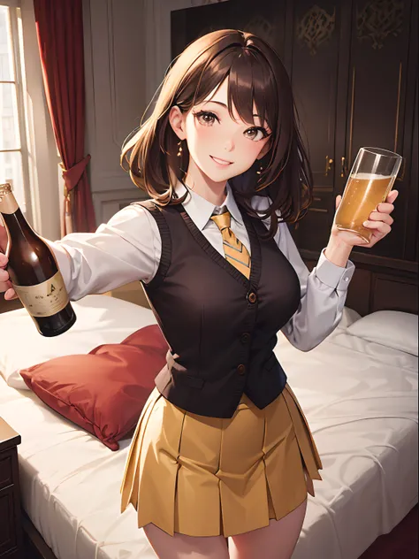 Close up, luxurious bedroom, suite, bright, adult woman, happy, playful smile, winking, vest, tie, skirt, brown hair, holding alcohol bottle