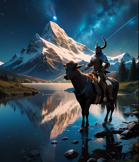 Superhero cow (standing cow with horns, cow head, muscular, muscles) holding sword, triumphant, dynamic light, mountains, night, stars, moonlight, campfire, pasture landscape, lake reflection background, hyper-realistic, best quality, medieval, castle on t...