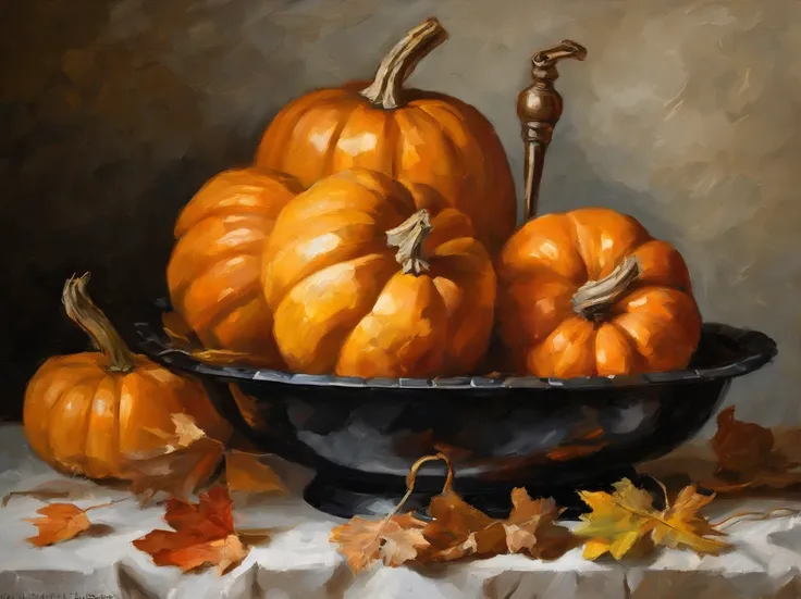 oil painting, (Golden ratio) heavy brushstrokes, Pallette knife style, paint drips, A scene of pumpkins being prepared in a kitchen by staff, half a sliced pumpkin sitting in a vintage kitchen, Baroque, dramatic contrasts between light and dark, emotional ...