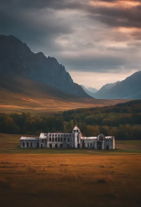 empty field with mountains and broken scifi buildings 360