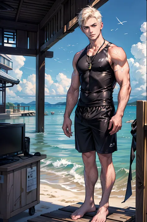 （tmasterpiece，超高分辨率，16k UHD，high qulity），low tune，lifeguard，Seaside, (Standing in an ice shop by the sea),  standing on your feet，full bodyesbian，looking at viewert，Shirtless, swimming trunks，tmasterpiece，On a wooden platform by the sea，sitted，（Golden hair...