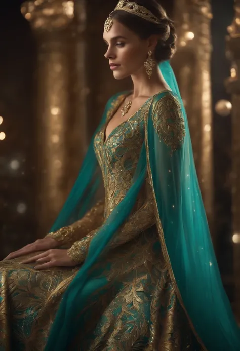 A princess wearing a celestial-inspired metallic turquoise and gold dress, with intricate metallic patterns and cosmic accents.”