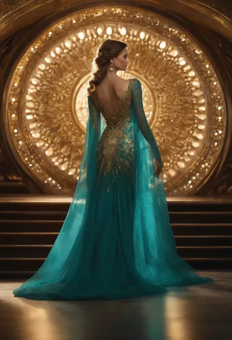 A princess wearing a celestial-inspired metallic turquoise and gold dress, with intricate metallic patterns and cosmic accents.”