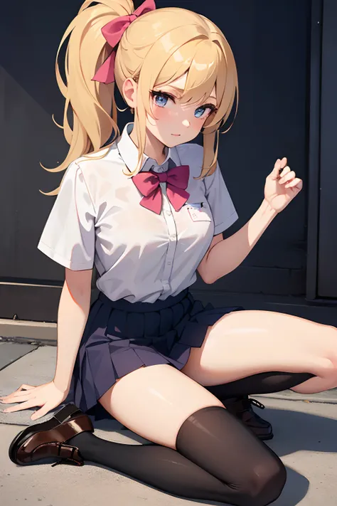 1 girl, solo, masterpiece, school,summer,dark pink school shirt, school skirt, blonde haired, ponytail hairstyle, fancy,shoes