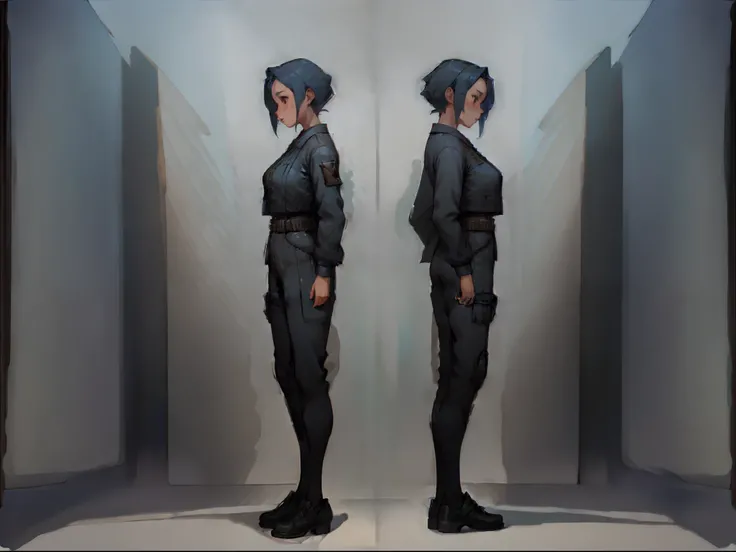 Close-up of a woman wearing a business suit, ((character concept art)), ((Character design sheet, same character, on front, from on the side, At the back)) Character image, Video game character design, Age: youth, expert high detail concept art, ConceptArt