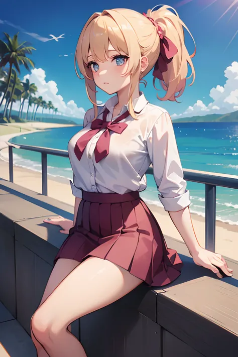 1 girl, solo, masterpiece, school,summer,dark pink school shirt, school skirt, blonde haired, ponytail hairstyle,