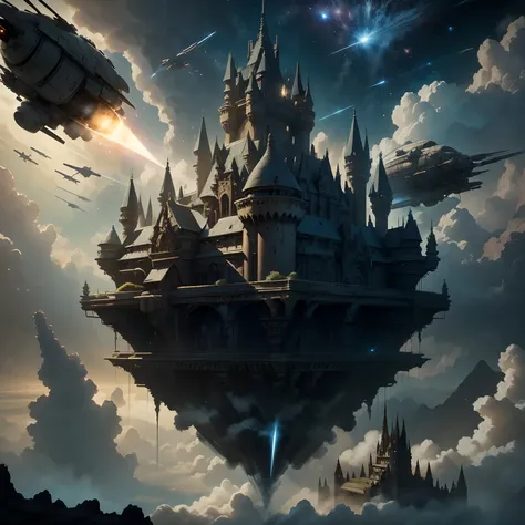 finest image, a castle with a rocket function is flying towards space