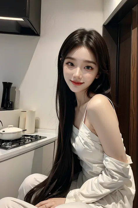 ​masterpiece、top-quality)、1 beutiful girl、Slim body、((Black and white loungewear:1.1))、(Detailed beautiful eyes)、In the kitchen of a rich mans house、Face similar to Chaewon in Le Selefim、((Boyish Brown Medium Hair))、((Smaller face))、((Neutral face))、((Ligh...