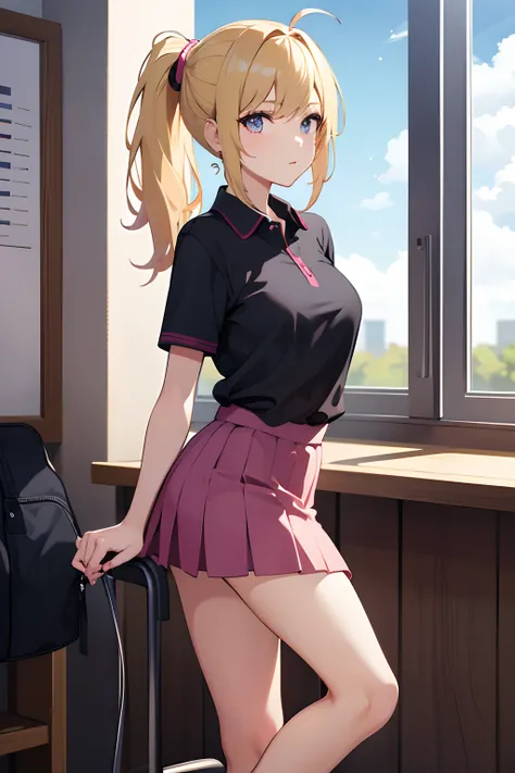 1 girl, solo, masterpiece, school,summer,dark pink polo shirt shirt, school skirt, blonde haired, ponytail hairstyle,in school