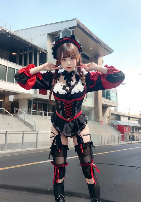 female idol、large full breasts、beautiful foot、Hair Roll、、Good Style、Colorful red gothic lolita fashion、、Long body、High Cap、Black tights、Leaning forward