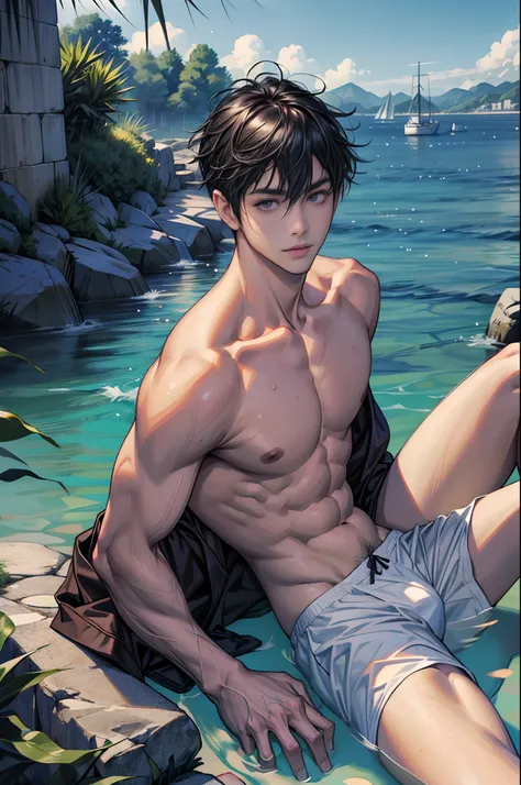 （tmasterpiece，超高分辨率，16k UHD，high qulity），low tune，Distantly male, Seaside, (Lying in the sea), afloat，full bodyesbian，looking at viewert，Shirtless, swimming trunks，tmasterpiece，（with short black hair），Black eyes，ssmile, (White clip foot dragging), Seoul, (...