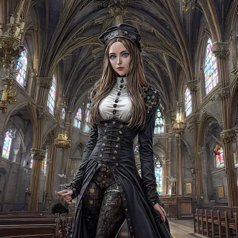 a picture of a steampunk (1)nun in a church, wearing nun habit, wearing black pantyhose, (best detailed face:1.3), ultra feminin...