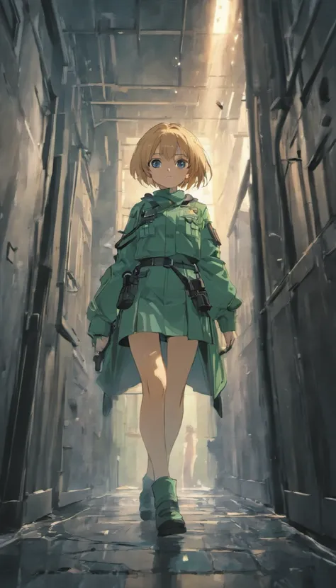 Attack on titan series scene showing erin standing in the building wearing special cops uniform with broken city with steam coming out of building and some titan standing behind a dark scene
Preparing