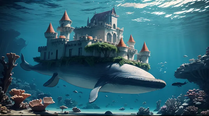 (Chief-dœudansre, Dynamic, Creative) castle (Coral and shell castle) under water carrying the back of a whale. Moves under water. HDR, ultra realistic photo, lots of detail.