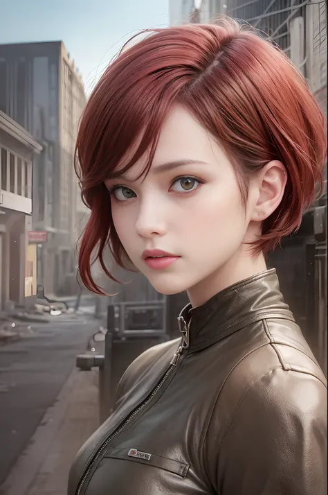 a close up portrait photo of 30 y.o woman in wastelander clothes,redhair,short haircut,pale skin,slim body,background is city ruins,(high detailed skin:1.2),8k uhd,dslr,soft lighting,high quality, --auto --s2