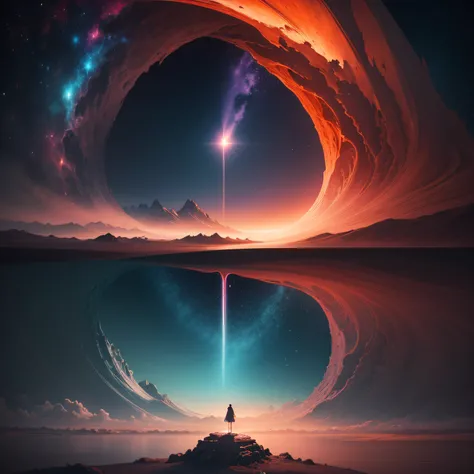 "Surrealist image with a reddish filter, in which a futuristic horizon stretches out in a dreamlike landscape. The starry sky is filled with a mix of vibrant colors, mas com um tom predominantemente avermelhado. Um grupo de pessoas flutua em diferentes alt...