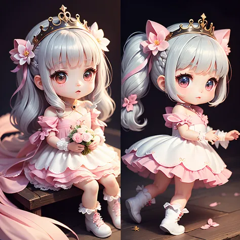 (Best Quality), (masutepiece), Charming chibi animation of cute princess baby, Gray hair、tiara、White frill and tiered skirt jewelry decoration costume、White braided boots、Luxurious bouquet of pink shades