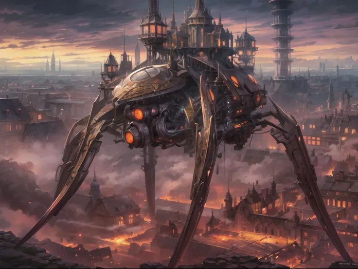 (best quality,ultra-detailed:1.2),HDR,sci-fi,concept art,castle,moving,massive,far view,spider-like,steam punk machine,grassland,long metal legs,steam rise,unique design,vivid colors,blurred background,giant,majestic presence,mysterious atmosphere,impressi...