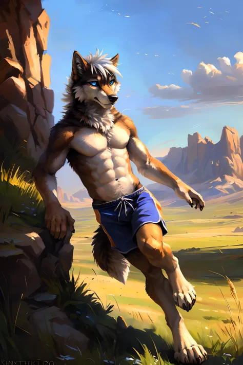 ((Solo)), male people, anthro wolf, (Multi-colored fur, White-brown:1.3), ((Wolf face, White hair, Big eyes, White eyelids, Blue pupil, Slim:1.2) (Tough, Calm expression:1.2)), Abs, Slim, pinging)), (Correct anatomy), (Work shorts:1.1), (Contour bone:1.2),...