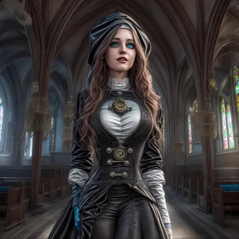 a picture of a steampunk (1)nun in a church, wearing nun habit, wearing black pantyhose, (best detailed face:1.3), ultra feminin...