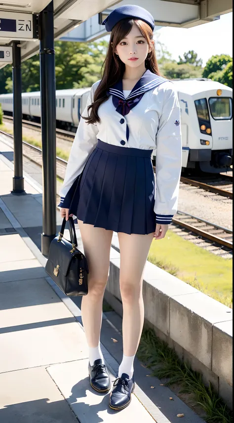 mix4, (16 K, Raw photography, Top image quality, ​masterpiece: 1.45), (realisitic, Photorealsitic: 1.37), one girls, 7．5, etc、Random hairstyle、Standing figure，Daytime、a very cute,Station platform,, profetional lighting, photon maping、physically-based rende...