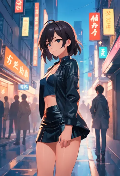 Anime girl standing on city street in leather skirt and black erotic lingerie, long-haired Ilya Kuvshinov, Guviz style artwork, anime art wallpaper 8 K, Guvitz on art station Pisif, Guwiz on Pisiv art station, cyberpunk anime art