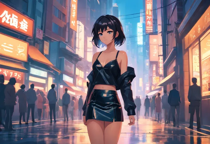 Anime girl standing on city street in leather skirt and black erotic lingerie, long-haired Ilya Kuvshinov, Guviz style artwork, anime art wallpaper 8 K, Guvitz on art station Pisif, Guwiz on Pisiv art station, cyberpunk anime art