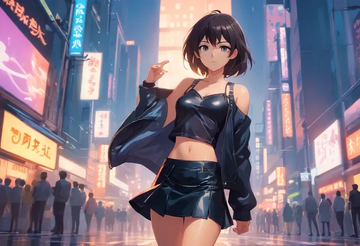 Anime girl standing on city street in leather skirt and black erotic lingerie, long-haired Ilya Kuvshinov, Guviz style artwork, anime art wallpaper 8 K, Guvitz on art station Pisif, Guwiz on Pisiv art station, cyberpunk anime art