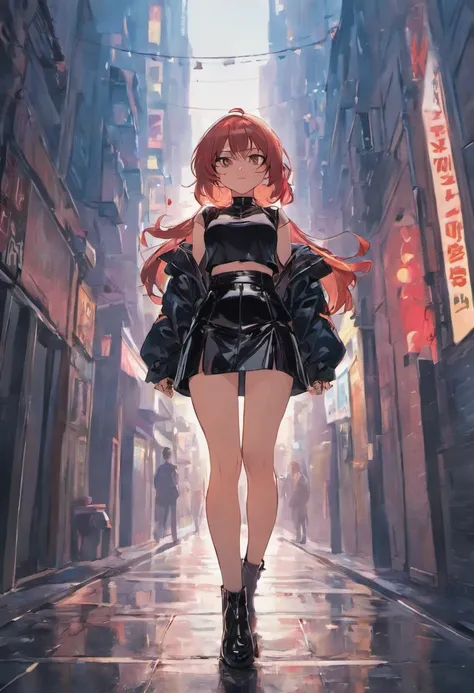 Anime girl standing on city street in leather skirt and black erotic lingerie, long-haired Ilya Kuvshinov, Guviz style artwork, anime art wallpaper 8 K, Guvitz on art station Pisif, Guwiz on Pisiv art station, cyberpunk anime art