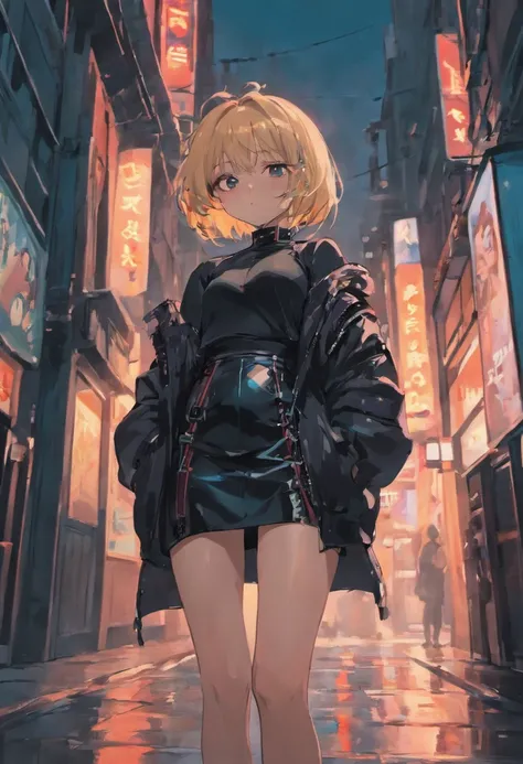 Anime girl standing on city street in leather skirt and black erotic lingerie, long-haired Ilya Kuvshinov, Guviz style artwork, anime art wallpaper 8 K, Guvitz on art station Pisif, Guwiz on Pisiv art station, cyberpunk anime art