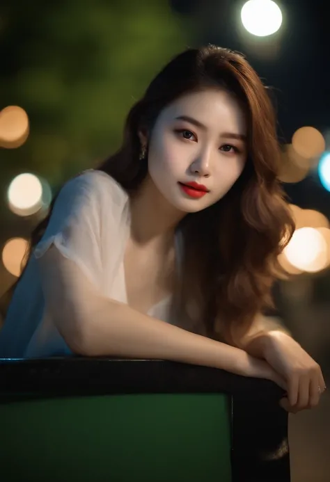 a hansohee sitting on a bench in the park, night lights, city lights, moonlight, night4k, Fujifilm XT3, 8k, max result, photographed on a Kodak, Award-winning photograph, (ultra realistic:1.5), (best quality:1.5), photorealistic, detailed skin texture, mas...