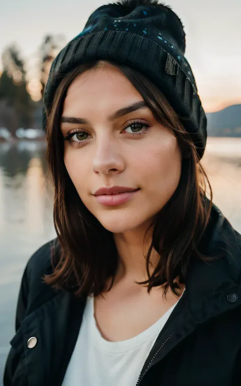 cute beautiful brunette, wearing beanie and winter clothes, by a lake with a fire, dusky lighting, very detailed, 22 years old, ...