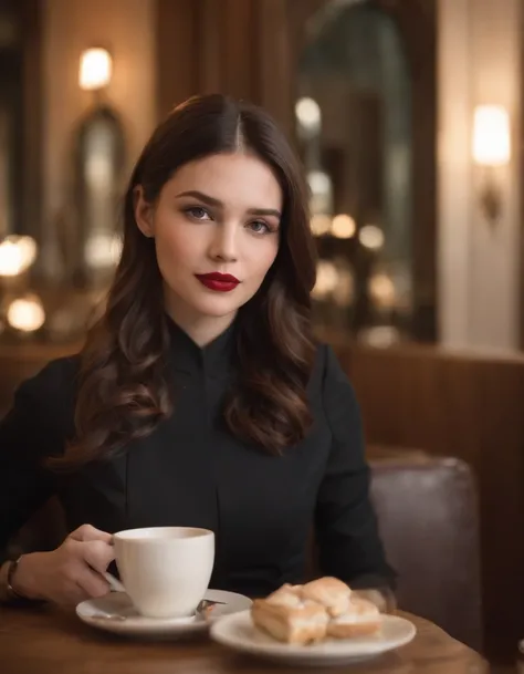 2010s fashion, Gros plan moyen, Canon EF 85mm f/1.2L II USM, A woman sits with her coffee in a restaurant，（Mettez vos mains sous la table）， with a black jacket and red lips, Focus on facial expression, Mode de rue