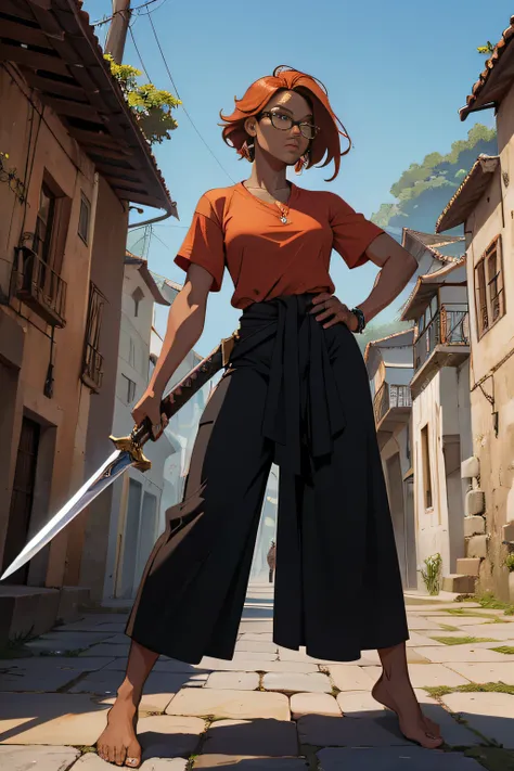 1mulher, cabelos brancos e longos, black glass, oculos escuros, usando camisa larga branca, black wide pants, barefoot, right hand on back holding a long sword, left hand on waist, olhar de desdem, pose de luta, cidade futurista de fundo