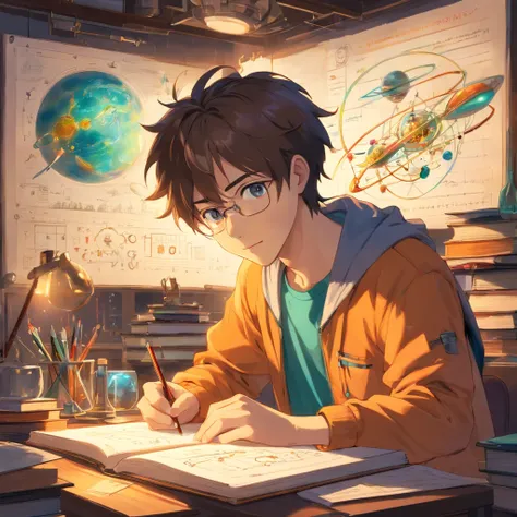 An energetic 23-year-old man, deeply immersed in the world of physics. His eyes sparkle with curiosity and determination as he dives into complex equations and theories. With a focused gaze, he delves into scientific research in his state-of-the-art labora...