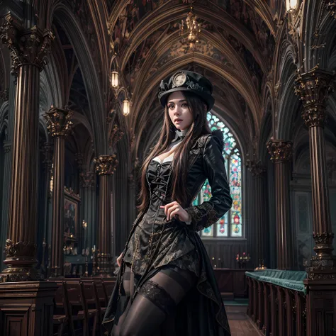 a model shot picture of a steampunk (1)nun in a church, an (exquisite beautiful woman: 1.4) nun, wearing nun habit, wearing blac...