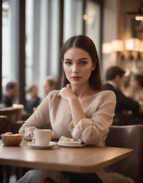 2010s fashion, Gros plan moyen, Canon EF 85mm f/1.2L II USM, A woman sits with her coffee in a restaurant，（Mettez vos mains sous la table），cheveux noirs lisses , Focus on facial expression, Mode de rue