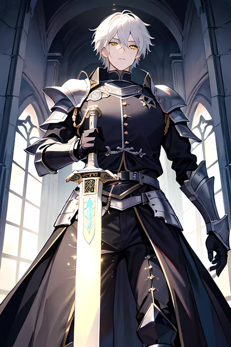 1guy, Victorian, Black knight armor* white hair, yellow eyes, huge long sword, castle