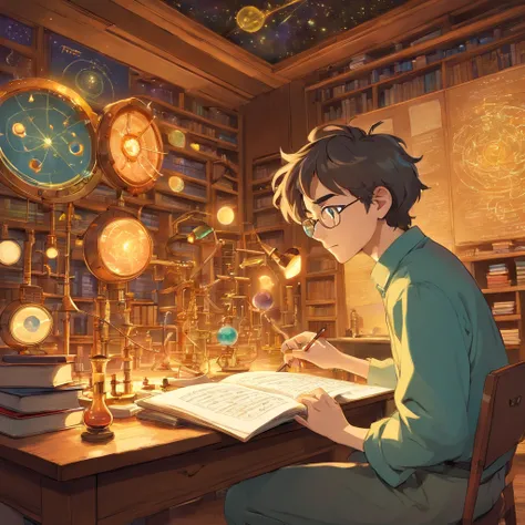 An energetic 23-year-old man, deeply immersed in the world of physics. His eyes sparkle with curiosity and determination as he dives into complex equations and theories. With a focused gaze, he delves into scientific research in his state-of-the-art labora...