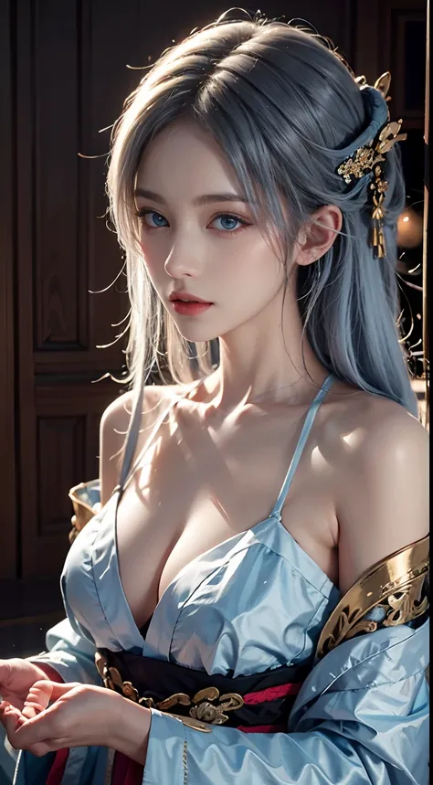 photorealistic, masterpiece, photorealistic, high resolution, soft light, waist up, blue eyes, white hair, long hair, sexy, kimono