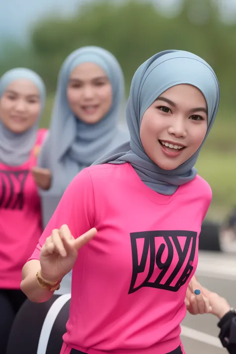 Create an energetic image of a Malay girl in hijab participating in a relay race, her teammates cheering her on as she sprints with determination