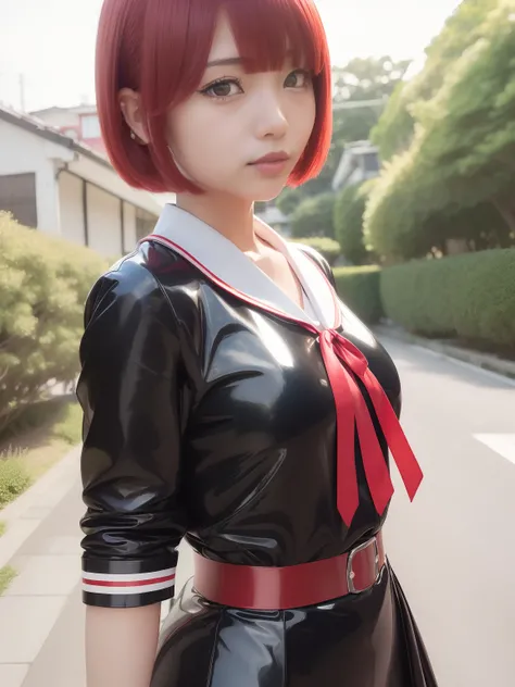 masutepiece,A hyper-realistic,32K,the Extremely Detailed CG Unity 8K Wallpapers, Best Quality,1 Beautiful Japan Woman,(Japanese high school  girl, Japan school uniform,Japanese student uniform,Black sailor suit in Japan,Latex Uniforms,long-sleeve,Red Large...