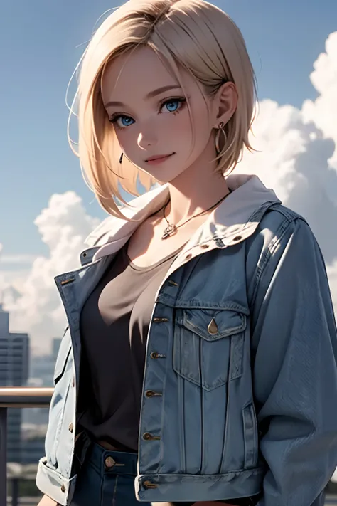 1girl in, Solo, Android 18, Blonde hair, Blue eyes, Short hair, Jewelry, earrings, Smile, Jacket, Looking to the side, denim, Denim jacket, Upper body, lingerie, Closed mouth, cloud, skyporn, day, Looking away, Blue sky, 鎖骨,Leather Mini Skirt、fullllbody