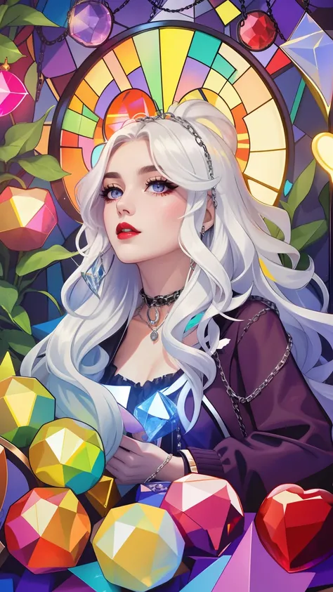 tarot card, Model: long wavy hair, full scarlet dark lips, Smoky eyes, BREAK,, Broken glass, crystals, neon lights, BREAK, Polychromatic geometric patterns,Heart, Arms and legs, BREAK, Accessories: Chrome-plated chains with torn body, Silver Choker, black ...