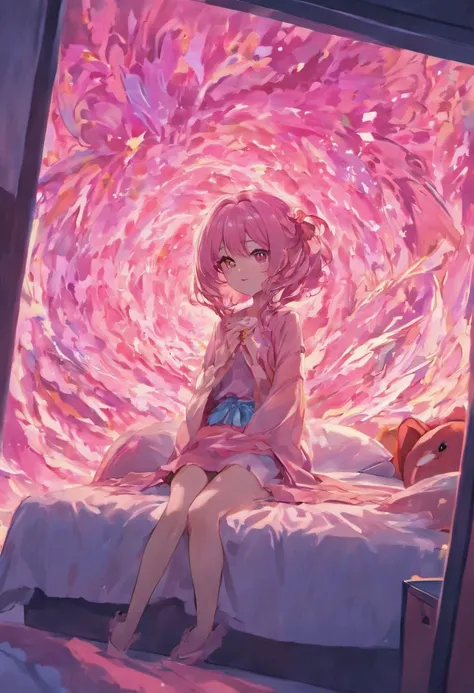 Anime girl pink bed