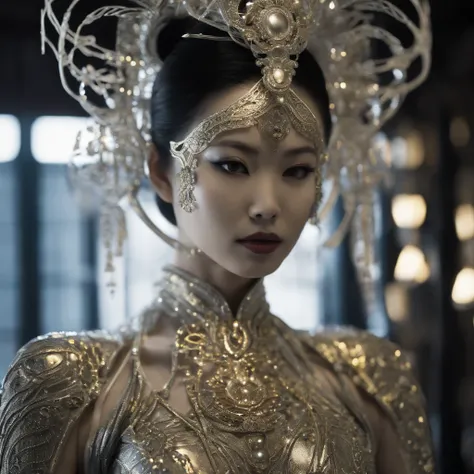 A portrait photograph of mid-twenties Japanese female android made of white and silver transparent glass and plastic, geisha makeup, black hairstyle, silver and gold metal internal body mechanisms, dynamic pose, flowing organic construction, detailed engra...